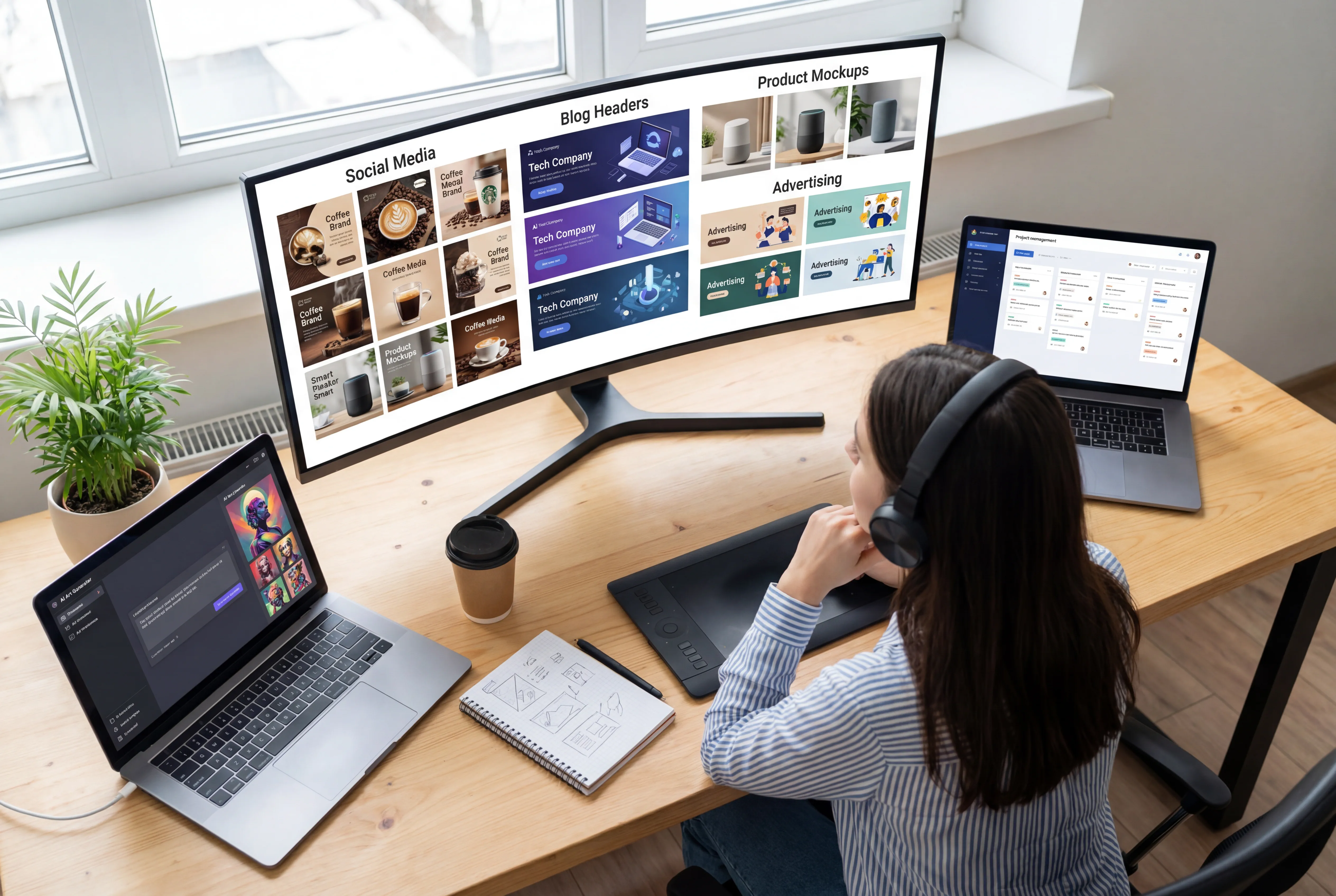 Profissional de marketing usando geradores de IA de texto para imagem para várias aplicações de criação de conteúdo, incluindo mídia social, publicidade e ilustrações de blog