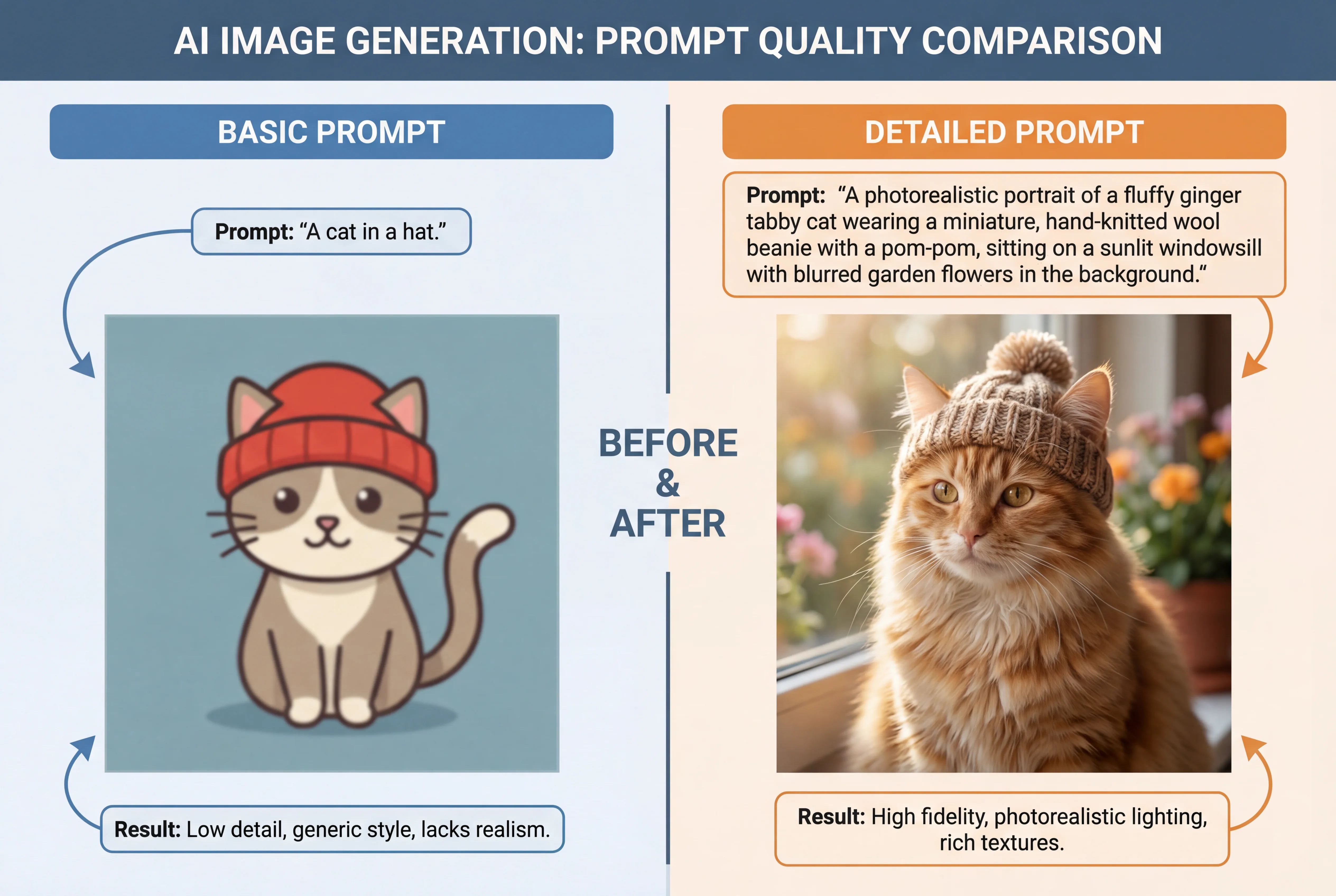 Comparação de prompts de texto para imagem fracos versus fortes demonstrando a diferença na qualidade da imagem gerada por IA com base em técnicas de engenharia de prompt